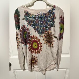 Desigual cream jewel floral viscose women lightweight knit sweater size l large